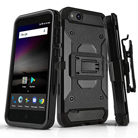 Phone Case for [ZTE ZFIVE G LTE (Z557BL) / ZTE ZFIVE C LTE (Z558VL)], [Tank Series][Black] Cover with [Kickstand] & [Belt Clip Holster] (Tracfone, Simple Mobile, Straight Talk, Total Wireless)