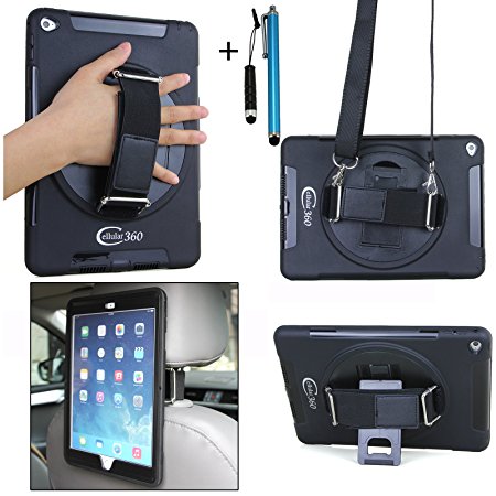 Cellular360 Shockproof Case for Apple iPad Air 2 with 360 Degrees Rotatable Kickstand, a Hand Grip Elastic Strap and a Shoulder Strap, Bundled with Stylus Pens (Headrest Mount Case-Black)