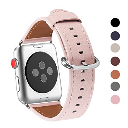 Apple Watch Band 38mm, WFEAGL Retro Top Grain Genuine Leather Band Replacement Strap with Stainless Steel Clasp for iWatch Series 3,Series 2,Series 1,Sport, Edition (Pink Band Silver Buckle)
