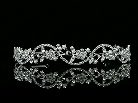 Bridal Flower Rhinestones Crystal Wedding Headband Tiara (Faux Pearl Silver Plated)