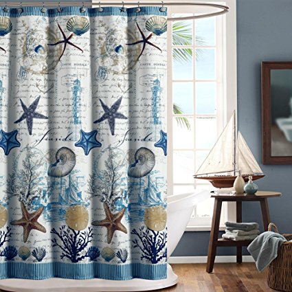 DS BATH Under the Sea Blue Seashell Polyester Fabric Shower Curtain,Mildew Resistant Shower Curtains for Bathroom,Seaside Bathroom Curtains,Print Waterproof Bath Curtain,72"W x 78"H