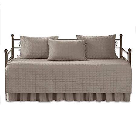 Comfort Spaces - Kienna Daybed Set - Stitched Quilt Pattern - 5 Pieces - Taupe - Includes 1 Bed Spread, 1 Bed Skirt and 3 Pillow Cases