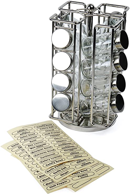 RSVP International RSR-16 Revolving Chrome Rack Set, Includes 16 Spice Jars | 9" x 11.5" | Keeps Salts, Peppers, Cumin, Garlic, Cinnamon, Herbs Fresh | Comes w/Labels, One Size, Multi Color