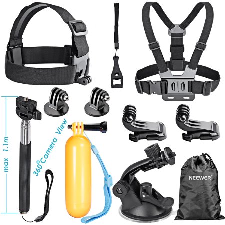 Neewer® 8-in-1 Accessories Kit for GoPro Hero4 Session 4/3 /3/2/1, SJ4000, SJ5000, SJ6000, SJ7000 Sports Cameras, Kit Includes: Head Belt Strap Mount  Chest Belt Strap Mount   Extendable Handle Monopod   Car Suction Cup Mount Holder   Floating Handle Grip   (2) Tripod Mount Adapter   (2) Gopro Surface J-Hook Buckle   Wrench   Neewer Pouch