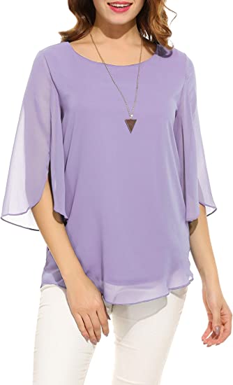 ACEVOG Womens Casual Scoop Neck Loose Top 3/4 Sleeve Chiffon Blouse Shirt Tops