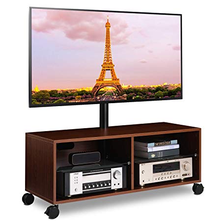 5Rcom Rolling Wood Entertainment TV Stands with Swivel Mount and Height Adjustable for Most Flat/Curved Panel TVs from 32 to 65 Inch, Sturdy and Durable, Walnut TW5002