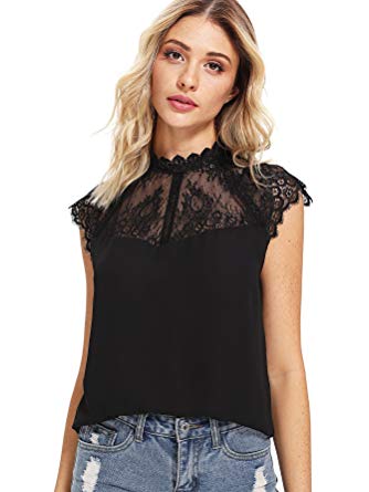 Romwe Women's Elegant Lace Neck Short Sleeve Casual Chiffon Blouse Top