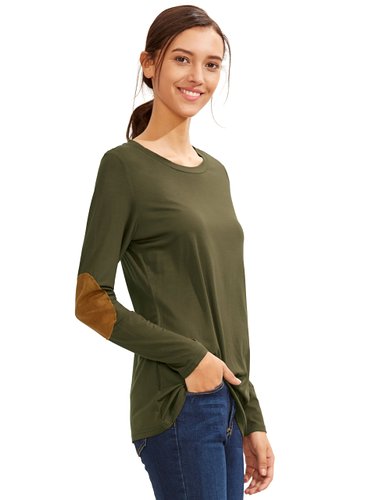 ROMWE Women's Loose Long Sleeve Elbow Patch T-Shirt