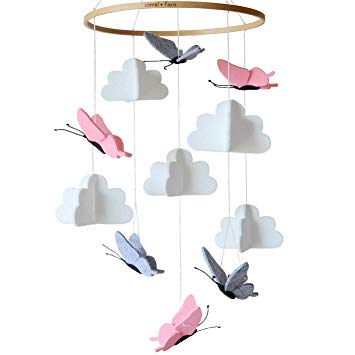 Sorrel and Fern Crib Mobile Butterflies in The Clouds Grey and Pink Baby Ceiling Nursery Decor