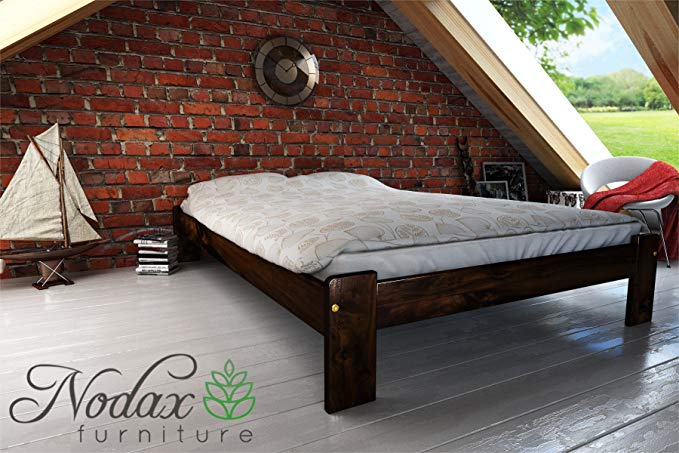 New wooden solid pine bedframe "F15" with sturdy plywood slats (150 x 200 cm, walnut)
