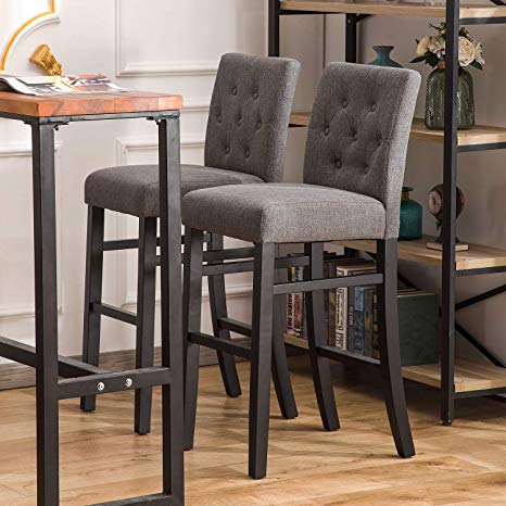 YEEFY 30" Button-Tufted Fabric Barstools Dining High Bar Height Side Chairs, Set of 2 (Gray)