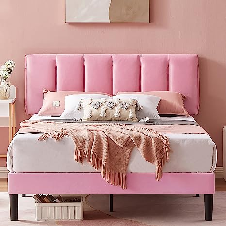 VECELO Full Bed Frames, Upholstered Platform Bedframe, Adjustable Headboard, Wood Slat Support, No Box Spring Needed, Easy Assembly, Pink