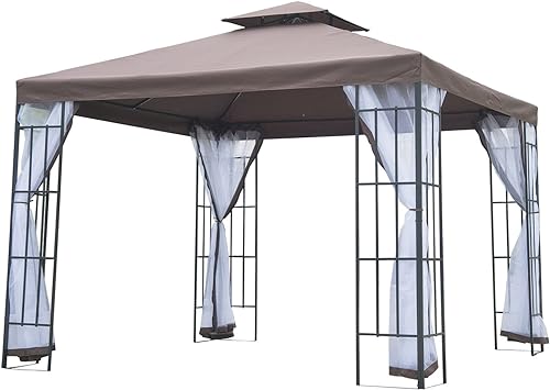 Outsunny Tonnlle de Jardin Barnum Pavillion de Jardin 3 x 3 Double Toit avec moustiquaires Amovibles imperméable Chocolat