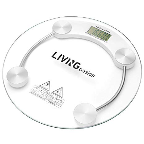 LIVINGbasics Smart Precision Digital Bathroom Scale with Step-On Technology, Non-Slip Tempered Glass Platform, Round