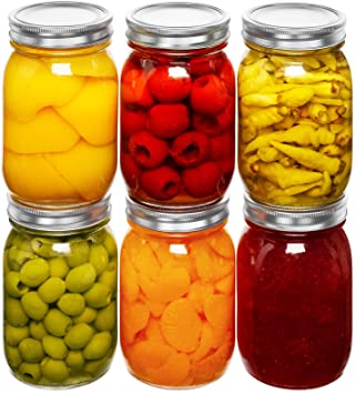 Glass Regular Mouth Mason Jars, 16 Oz Glass Jars with Metal Airtight Lids & Bands for Canning, Food Storage, Prep, Jams, Jellies, Pickles, Preserves, Overnight Oats, Spices, Salad, Drinking (6 Pack)