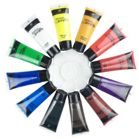 CubeCraft 12 x 27ml Acrylic Paint Set - Vibrant Non Toxic Quality Acrylic Paint Suitable for use on Canvas Paper Glass and Ceramics with Mini Paint Palette