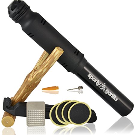 Mini Bike Pump with Glueless Puncture Repair Kit - Fits Schrader & Presta Valves - Be Carefree on a Bike Ride with attached Mountain Bike Accessories - Use it as a Ball Pump to inflate Sports Balls