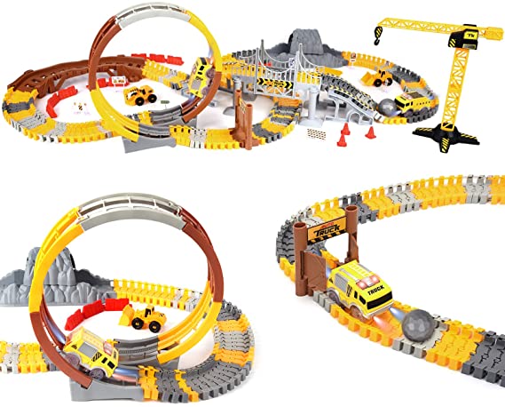 Track Toys for Kids, 227pcs Construction Themed car Race Track Sets, Flexible Trains Tracks with 2 Race Trucks, Construction Trucks as Birthday Gifts for 3 4 5 6 7 Years Old Child Boys and Girls