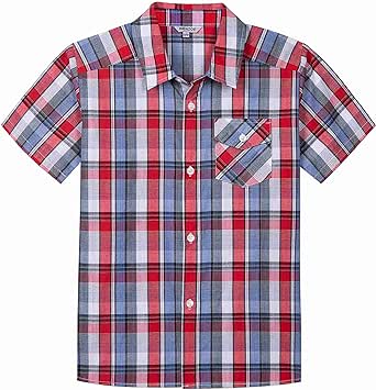 Bienzoe Boys Short Sleeve Shirt: Casual Button Down Cotton Plaid Kids Tops