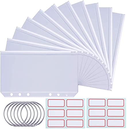 Didida 19 Pieces Set A6 Binder Pockets 6 Holes Clear Plastic Zipper Binder Inserts Folders with Labels and Binder Rings for Documents Planner Notebooks Cash Budget Envelope System