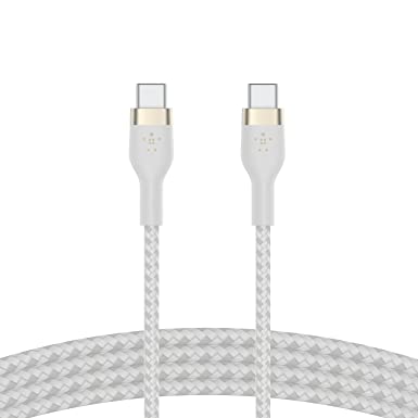 Belkin BoostCharge Pro Flex Braided USB Type C to C Cable (2M/6.6FT), USB-IF Certified Power Delivery PD Fast Charging Cable for MacBook Pro, iPad Pro, Galaxy S22, S21, Ultra, Plus and More - White