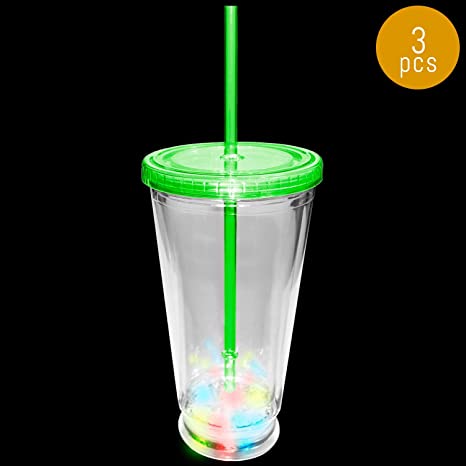 Lumistick LED Flashing Tumbler Glass 16 Oz | Glowing Cocktail Multicolor Light Up Drinking with Straw | Blinking Night Club Parties Drink Bars Lid Containing Glass (Green, 3 Glass)