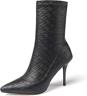 vivianly Stretch Pointed Toe Sock Booties Mid-Calf Ankle Boot Stiletto Heel Boots for Women