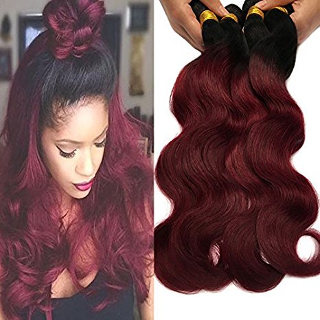 Black Rose Hair Two Tone Ombre Hair Extensions Weaves 7A Peruvian Virgin Hair Body Wave Human Hair 4 Bundles 1B/99J Black Burgundy 100g4pcs (16" 18" 20" 22")