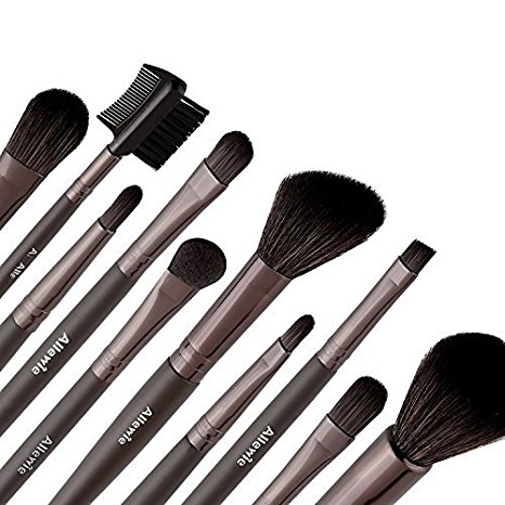 Allewie Makeup Brushes Set 10pcs Nylon Bristles Wooden Handle 1 Free Black Bag Professional Cosmetic Brushes for Eyeshadow , Foundation , Lip , Concealer , Powder and Other Makeup