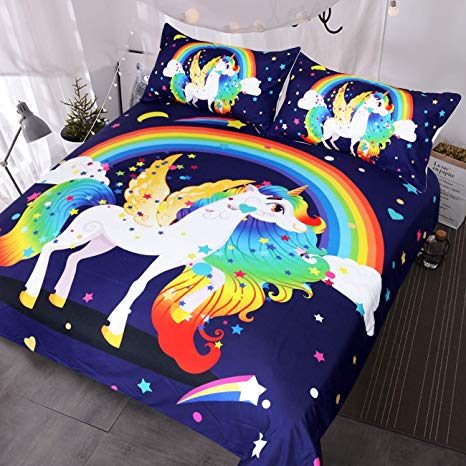 BlessLiving Blue Unicorn Bedding for Teens Girls Boys Winged Unicorn Rainbow and Stars Fantasy Duvet Cover 3 Pieces Kids Magical Bed Set (Full)