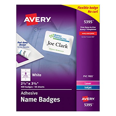 Avery Adhesive Name Badges, 2.33 x 3.38 Inches, White, Box of 400 (05395)