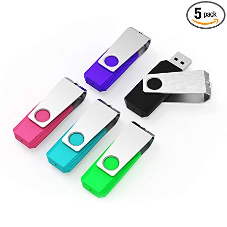 KEATHY 5 Pack 16GB USB Flash Drive USB 2.0 Swivel Thumb Drive Memory Stick Jump Drive Pen Drive - Black/Blue/Green/Pink/Purple (16GB, 5 Mixed Color)
