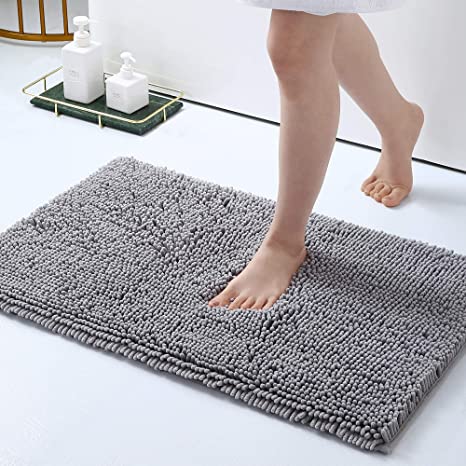 Olanly Luxury Chenille Bathroom Rugs, Bath Shower Mat Machine Wash Dry, Non Slip Absorbent Shaggy Bath Rug for Tub, Shower and Bath Room 20" x 32", Light Grey