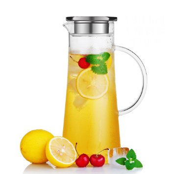 Hiware Glass Water Carafe and Drink Infuser with Stainless Steel Filter Lid 50 Oz  15 L Borosilicate Glass Iced Tea Pitcher Create Your Own Naturally Flavored Fruit Infused Water Juice Iced Tea Lemonade and Sparkling Beverages