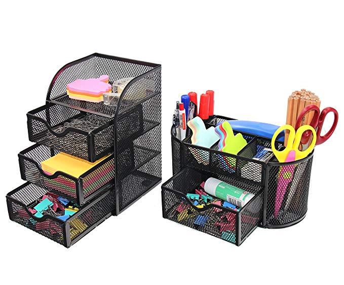 PAG Office Supplies Mesh Desk Organizer Set Pen Holder Accessories Storage Caddy with Drawer, Black