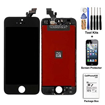 cellphoneage® White for iPhone 5 5G LCD Replacement screen Display Glass Touch Screen Digitizer Assembly kit with Free screen protector (Black)
