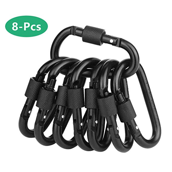 Locking Carabiner Clip D Shape Spring-Loaded Gate Aluminum Keychain Gate Buckle for Home, Rv, Camping, Fishing, Hiking, Traveling and Keychain, 8 Pack (Black)