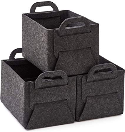 EZOWare 3 Pack Collapsible Felt Storage Basket, Thickened Felt Fabric Foldable Bin Cube Organizer Set with Handles for Nursery Kids Toddlers Home and Office - Dark Gray