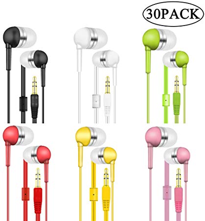 Bulk Earbuds Headphones for School Classroom Students Kids Child Teen 30 Pack 6 Assorted Colors Individually Bagged 30Pack