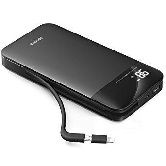 Solove 20000mAh Power Banks Portable Charger Built-in Cable Lightning Adapter Dual Output External Battery Pack with LED Display for iPhone, Android Phones,Different Electronic Devices (Black)