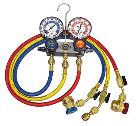 CPS Products MA1234 Pro-Set Aluminum Block Manifold A/C Gauge Set with Hoses