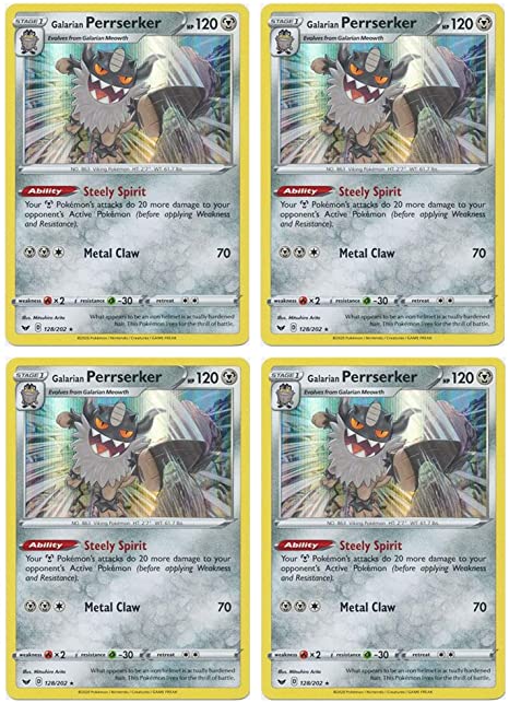Pokemon Card - Galarian Perrserker - Sword and Shield Base - x4 Card Lot Playset - 128/202 Holo Rare