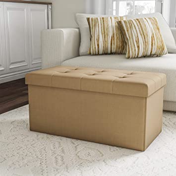 Lavish Home Folding Storage Bench Ottoman– 30” Tufted Foam Padded Lid, Beige