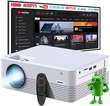 JEEMAK Video Projector, Android WiFi Bluetooth Projector, Mini Portable Wireless Projector, 5000 Lux, LED Smart Projector for Iphone, HD 1080P and 170" Display,Outdoor Movie Projector for Home Theater