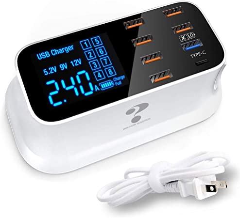 Multiple USB Charger, 8 Port Desktop USB Fast Charging Station Hub with QC 3.0 USB Port, Type C Port and LCD Display for iPhone/Samsung/Android Phone/iPad/Tablet/Nintendo Switch Game and More