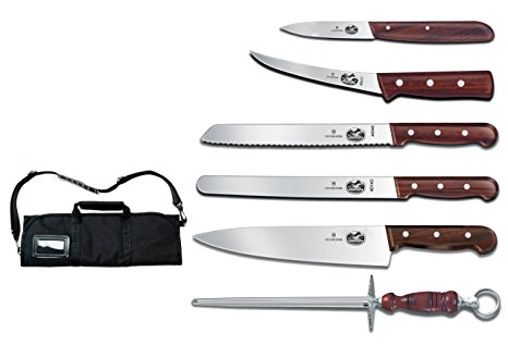 Victorinox 7-Piece Rosewood Handle Cutlery Set with Black Canvas Knife Roll