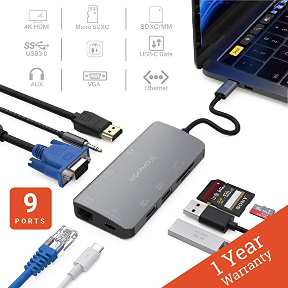 MoArmouz USB-C Hub for MacBook Pro | Dual Display Type C 9 in 1 Multiport Adapter with VGA, HDMI, USB 3.0 Ports, Card Reader, Ethernet, and PD Charging