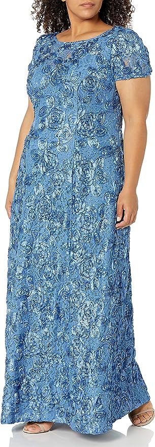 Alex Evenings Women's Plus Size Short Sleeve Long A-line Rosette Lace Dress