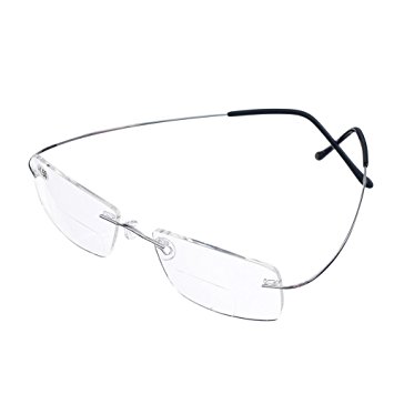 Bi Tao Super Light 100% Titanium Bifocal Reading Glasses Men Women Fashion Rimless Reading Eyeglasses + Eyewear Case(Silver,+3.00)