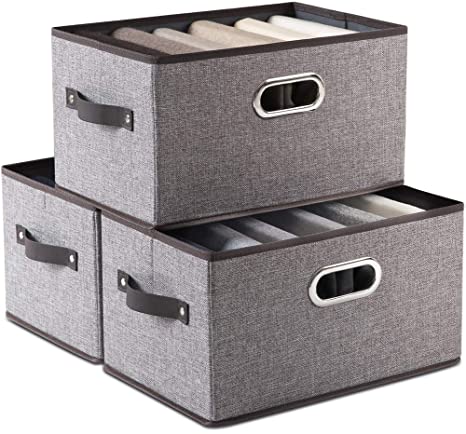 Prandom Large Foldable Storage Bins for Shelves [3-Pack] Decorative Linen Fabric Storage Baskets with Leather/Metal Handles for Closet Nursery Office Grey and Black Trim (15x10x8.3 Inch)
